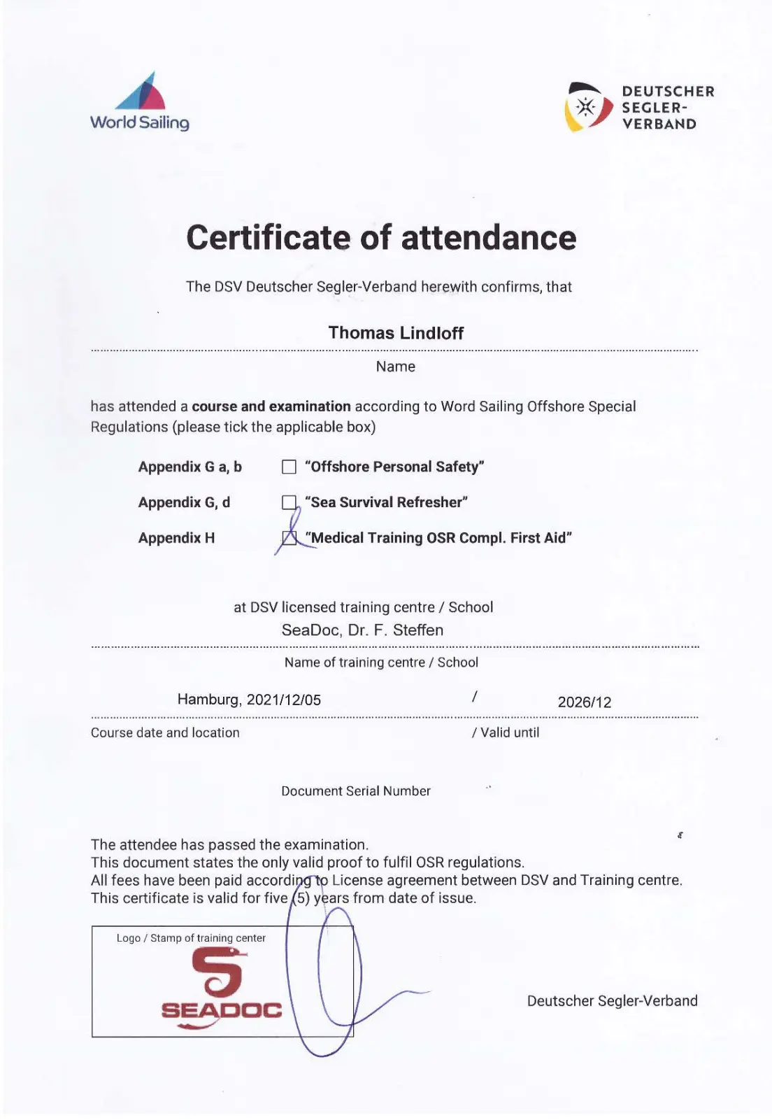 Successful Sailing - Skipper Thomas Lindloff Zertifikat