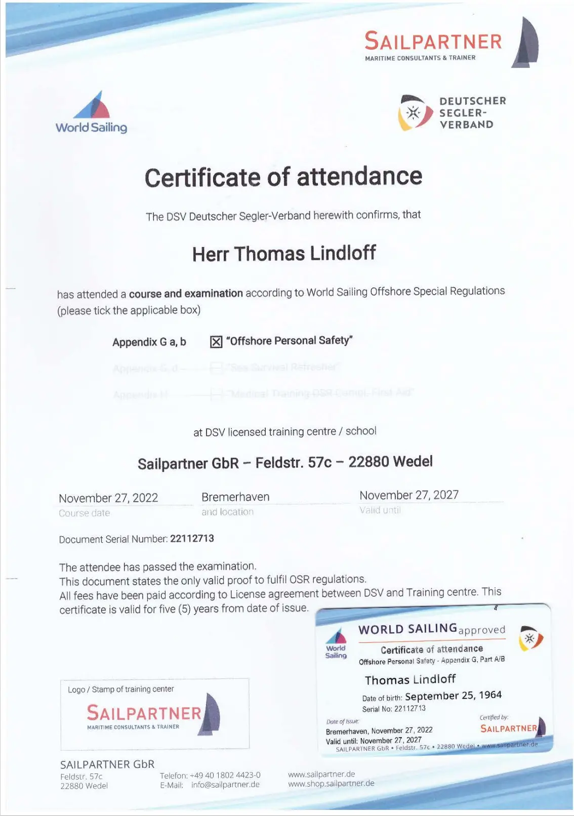 Successful Sailing - Skipper Thomas Lindloff Zertifikat