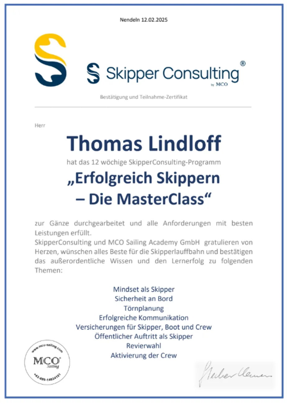 Successful Sailing - Skipper Thomas Lindloff Zertifikat
